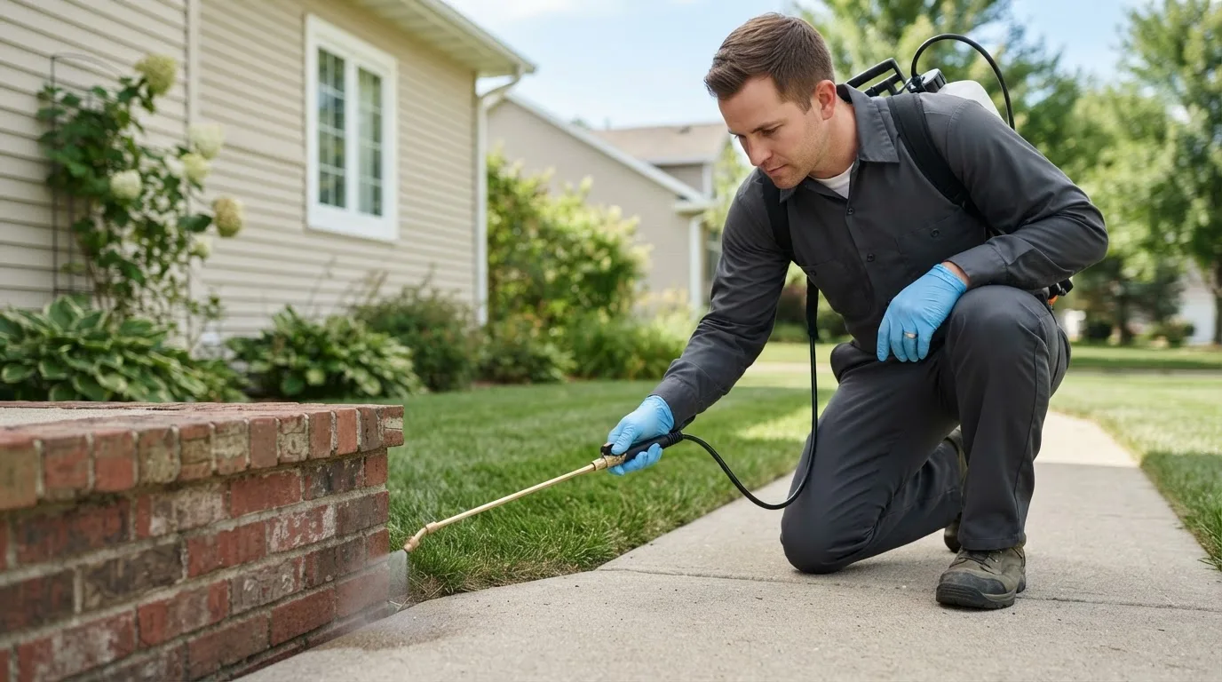 Pest control technician treating a home near Hammond, OR
